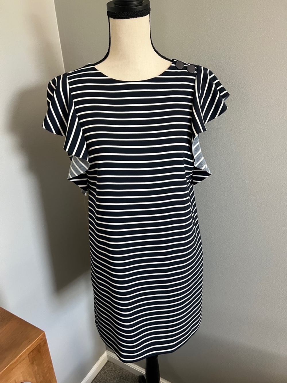 Banana Republic Navy and White Striped Ruffle Sleeve Mini Dress